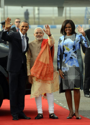 As she and President Obama joined Indian Prime Minister Narendra Modi in New Delhi in January, First Lady Michelle Obama wore a dress designed by FIT alumnus Bibhu Mohapatra. (Photo by Shekhar Yadav/India Today Group/Getty Images)