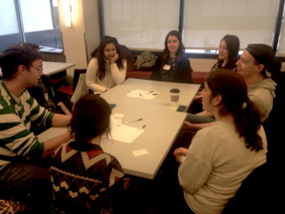 FIT Peer Writing Tutors (from left) Zia Sen, Olivia Jorge, and Jeffery Burge meet with Yeshiva University and Stern College students.