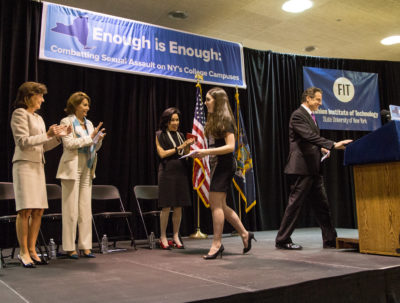Left to right: Lieutenant Governor Kathy Hochul, House Minority Leader Nancy Pelosi, FIT President Joyce F. Brown, FIT student Jessica Accardi, and Governor Andrew Cuomo spoke at the Fashion Institute of Technology in New York City to push for stricter legislation against sexual violence on college campuses.