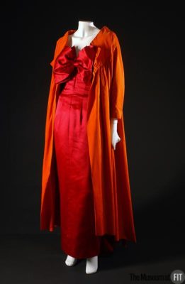 Evening ensemble made in 1959 using orange silk faille and magenta silk.