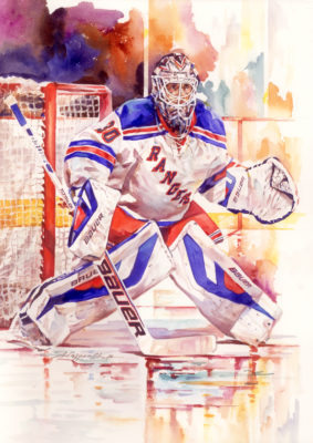 Henrik Lundqvist NY Rangers, watercolor on Arches paper, 28 x 36, 2014. New York Rangers goalie Henrik Lundqvist is considered one of the world’s best goaltenders and one of the NHL’s most marketable personalities. 