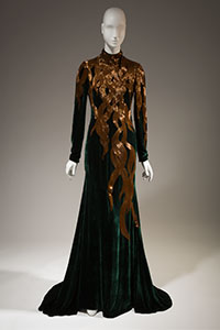 Alexander McQueen evening gown, silk, velvet, and bugle beads, fall 2007, In memory of Elizabeth Howe, Salem 1692 collection, England, museum purchase.