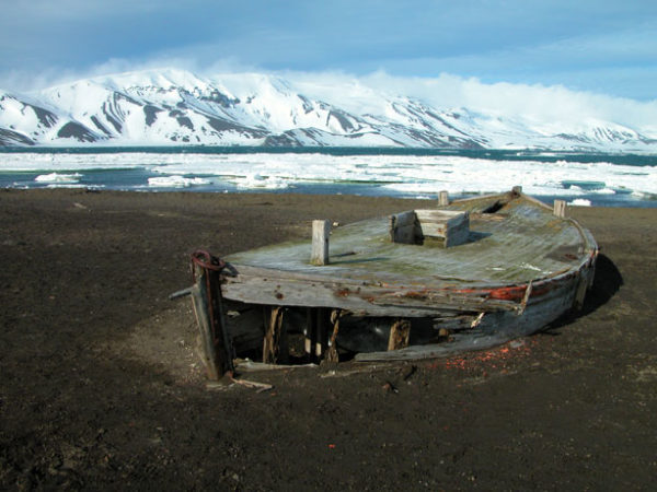 Water boat used by early twentieth century whalers to run water collected from snow melt to whale processing ships anchored in the bay. Deception Island, Antarctica. Via lostantarctica.com