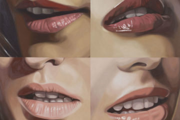oil painting of four lipsticked mouths