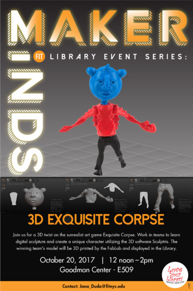 flyer for the event with a 3D printed figure made with Sculptris
