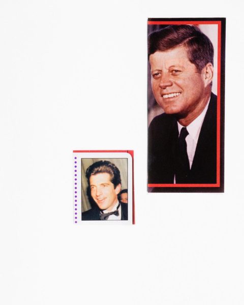 artwork with small photo of JFK Jr. and large photo of JFK