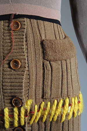 Detail of ensemble by XULY.Bët made from repurposed sweaters