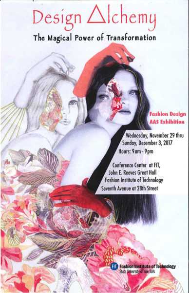 postcard for AAS Fashion Design exhibition featuring student fashion illustration