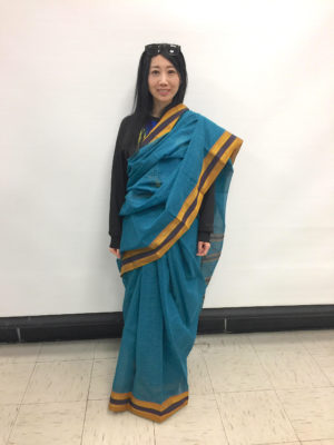 student in Yuni Kawamura's class wearing sari properly