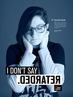 example of a poster from Impactful Language campaign featuring a female student with the word she doesn't say