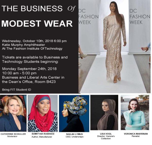poster for Business of Modest Wear with photos of the speakers