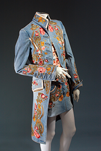 Roberto Cavalli, ensemble, embroidered denim and silk, spring 2003, Italy.