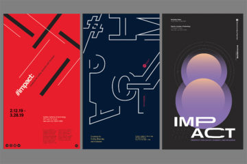 three graphic posters in red, navy, and charcoal