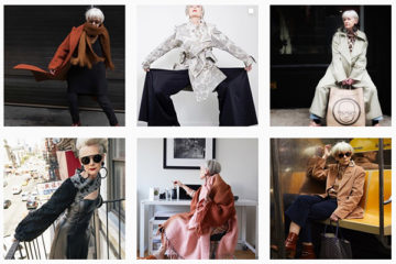 6 images of grey haired woman posing in avant garde clothing