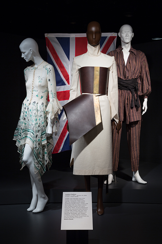 Garments on exhibition in front of Union Jack flag