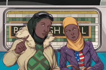 illustration of two women with hijabs sitting next to each other on a subway train