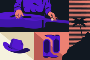 illustration of slide guitar, cowboy hat, cowboy boots, palm tree
