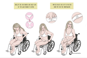 Illustration of woman in wheelchair putting on underwear