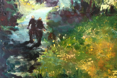 impressionist painting with two figures riding bikes down a wooded road