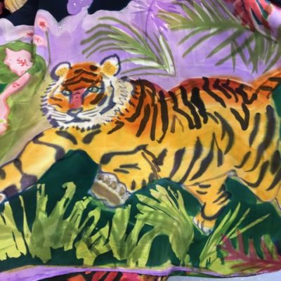 closeup of Katz painting on fabric of a tiger