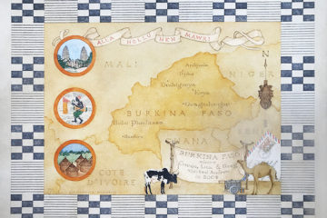 artwork by Connie Brown with map of Burkina Faso