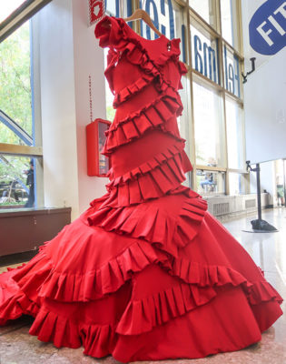 Red Bullet Resistant Gown, 11 layers of Kevlar, cotton sateen, by Victoria Wong.