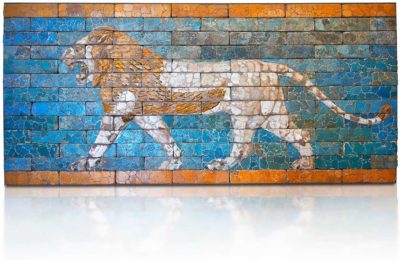 Coloured glazed terracotta brick panel depicting striding lions from Babylon (Iraq). Neo-Babylonian Period, reign of Nebuchadnezzar II 604-562 BC. This panel belonged to the tiled decorated walls either side of the Processional Way in Babylon which was 3280 ft (1km) long. It led from the temple of Marduk, through the Ishtar Gate to the temple of Akitu. The lion is the is associated with the Babylonian goddess Ishtar. T processional Way played a key role in the New Year festival which was held in the spring equinox. Babylonian Gods were believed to leave their temples on this day and visit the god Marduk in his temple in Babylon. Kings like Nebuchanezzar would have played an important role in this procession and they aside their regal regalia for the procession and recited “negative confessions” as they preceded down the Processional way. Inv Ao 21118, The Louvre Museum, Paris.