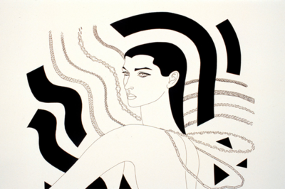 deco style drawing of a woman's head with jewelry radiating from it
