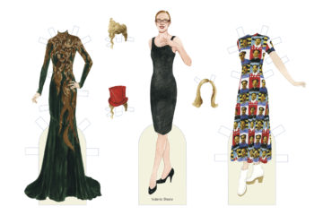 Paper dolls of Valerie Steele and an Alexander McQueen and a Vivienne Tam garment.