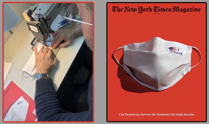 Man sewing a mask, and the NYT Magazine cover with a mask