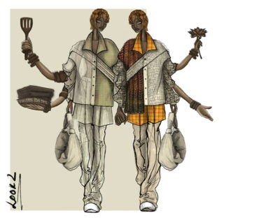 Illustration of two outfits by Mohua Goswani