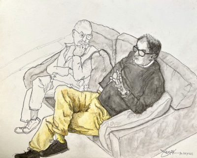art work with two men on a couch