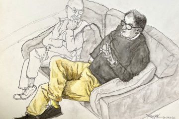 Joe and Alf, art work with two men on a couch