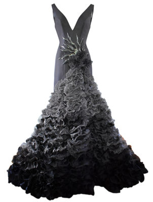 Ruffled gray evening gown