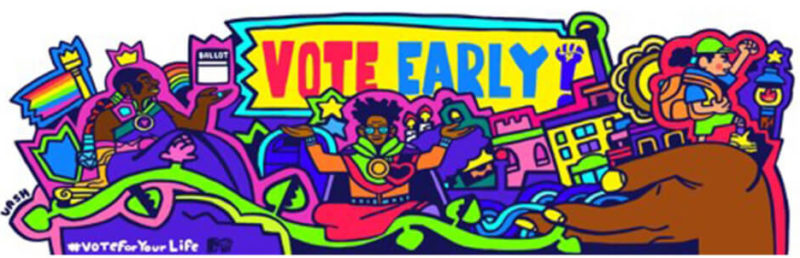 Colorful illustration that reads "vote early"