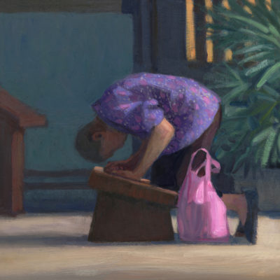 painting of person kneeling with head down