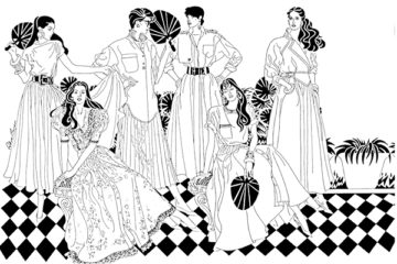 stylized fashion illustration of six men and women holding fans