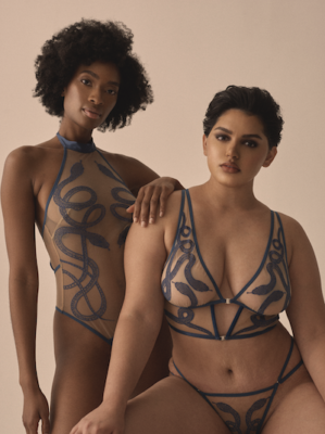 Two women in snake-themed lingerie