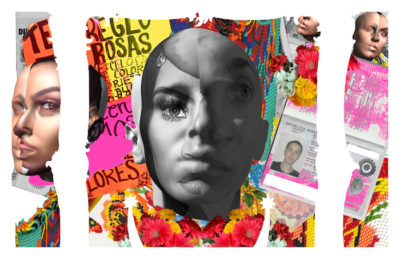 Collage with large black-and-white face superimposed on words and images