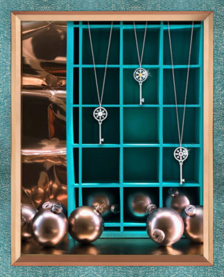 Ornamental keys hanging in a window display