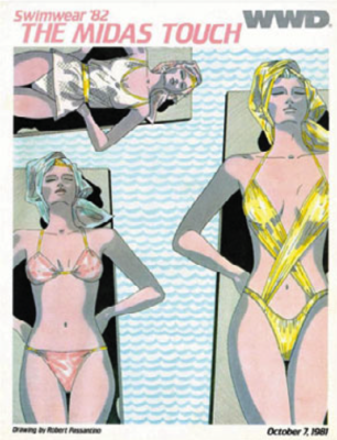 Fashion illustration of women in swimsuits in a pool