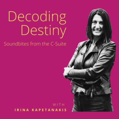 logo for Decoding Destiny podcast with photo of Irina Kapetanakis