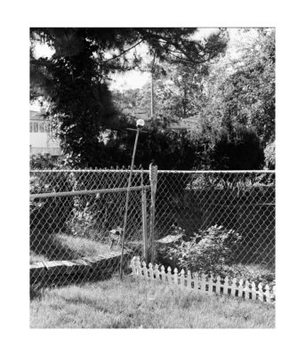black and white photo of a backyard with chainlink fence