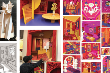 collage of illustrations and installation views from Carlos Aponte's holiday window at Bergdorf's