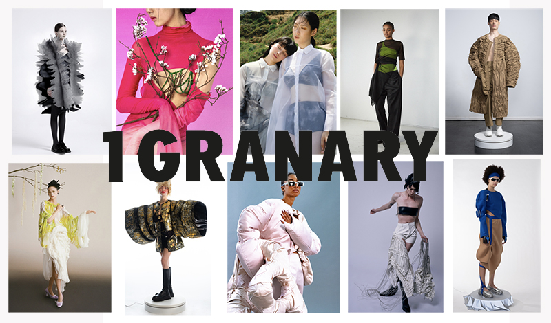 collage of works by Fashion Design MFA 2021 graduates and 1Granary logo