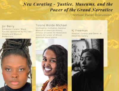 flyer for New Curating: Justice, Museums, and the Power of the Grand Narrative event
