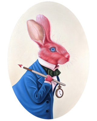 Painting of pink rabbit holding paintbrush