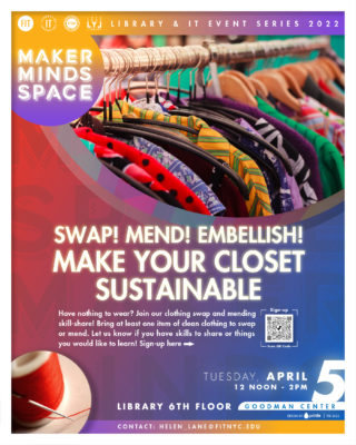 flyer for FIT Library MakerMinds Event: Swap! Mend! Embellish!