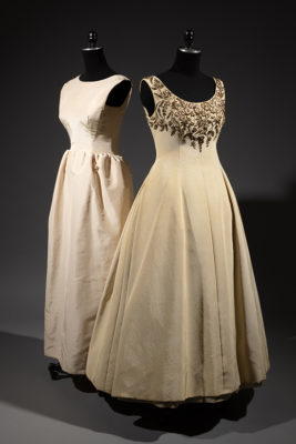 gowns by Dior and Balenciaga on mannequins