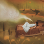 Illustration of girl in bed in a forest